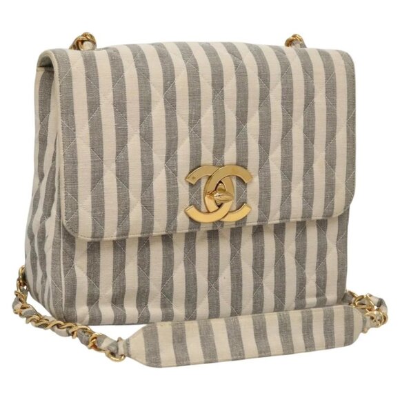 CHANEL Striped Matelasse Chain Shoulder Bag Canvas White Gray CC Auth 110304AV - Picture 1 of 16